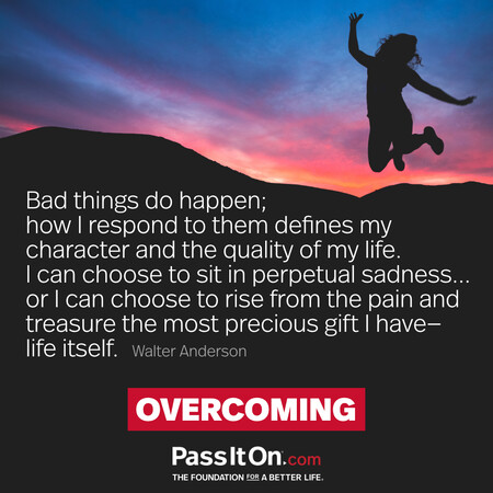 Bad things do happen; how I respond to them defines my character and the quality of my life. I can choose to sit in perpetual sadness... or I can choose to rise from the pain and treasure the most precious gift I have—life itself. #<Author:0x00007fad6a14b7d8>