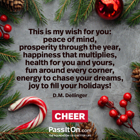 This is my wish for you: peace of mind, prosperity through the year, happiness that multiplies, health for you and yours, fun around every corner, energy to chase your dreams, joy to fill your holidays! #<Author:0x00007f997af71b90>