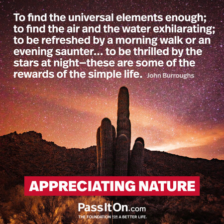 To find the universal elements enough; to find the air and the water exhilarating; to be refreshed by a morning walk or an evening saunter... to be thrilled by the stars at night—these are some of the rewards of the simple life. #<Author:0x00007f6b2f466cd8>