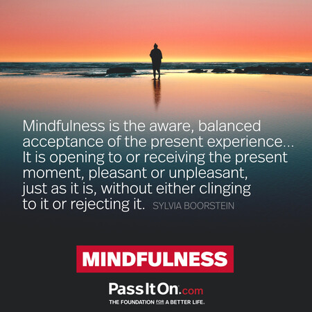Mindfulness is the aware, balanced acceptance of the present experience... It is opening to or receiving the present moment, pleasant or unpleasant, just as it is, without either clinging to it or rejecting it. #<Author:0x00007f6b2f4a4600>