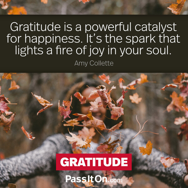 Gratitude is a powerful catalyst for happiness. It’s the spark that lights a fire of joy in your soul.  #<Author:0x00007f6b2f2ff7a0>